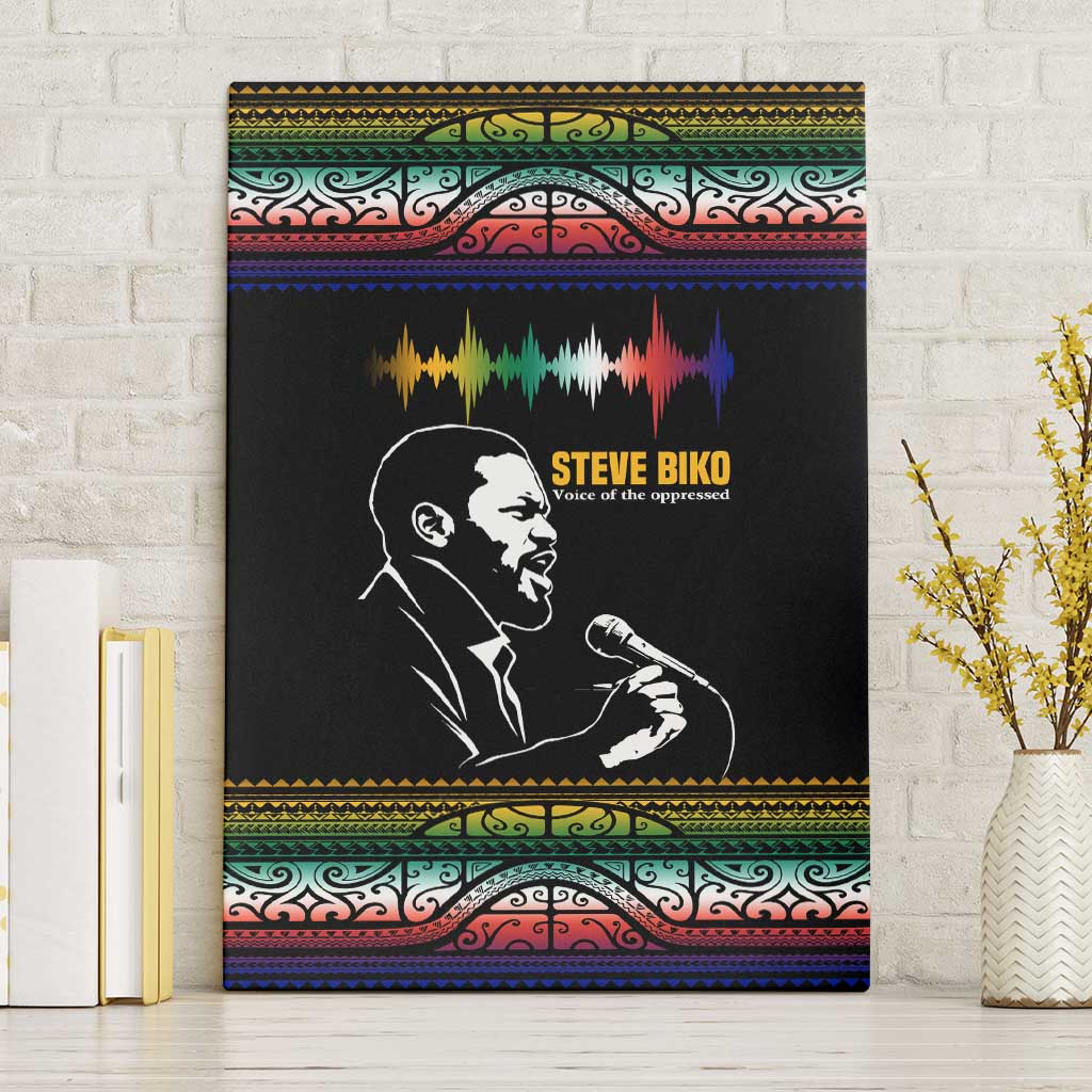 Steve Biko Canvas Wall Art with Microphone Portrait, Black Consciousness Quote and Vibrant Ethnic Wave - Wonder Print Shop