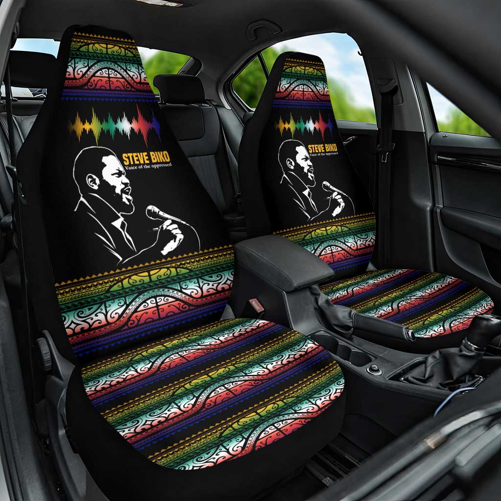 Steve Biko Car Seat Cover with Microphone Portrait, Black Consciousness Quote and Vibrant Ethnic Wave - Wonder Print Shop
