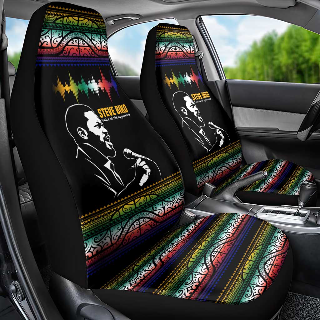 Steve Biko Car Seat Cover with Microphone Portrait, Black Consciousness Quote and Vibrant Ethnic Wave - Wonder Print Shop