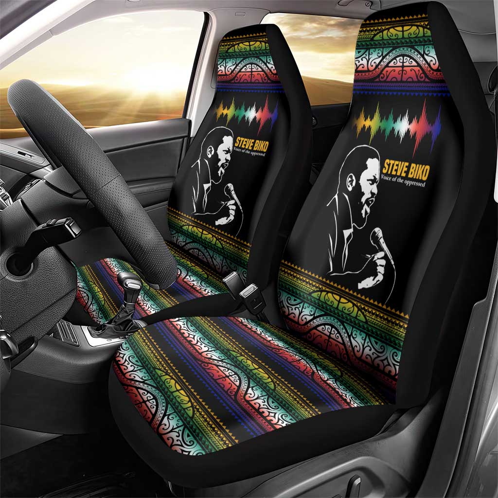 Steve Biko Car Seat Cover with Microphone Portrait, Black Consciousness Quote and Vibrant Ethnic Wave - Wonder Print Shop