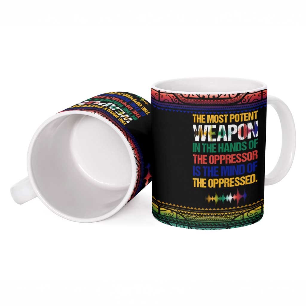Steve Biko Ceramic Mug with Microphone Portrait, Black Consciousness Quote and Vibrant Ethnic Wave - Wonder Print Shop