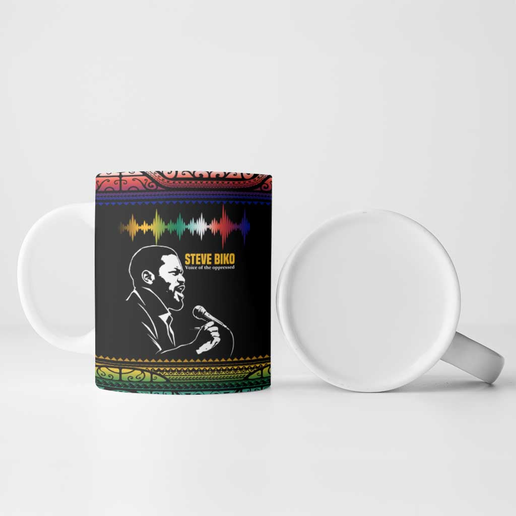 Steve Biko Ceramic Mug with Microphone Portrait, Black Consciousness Quote and Vibrant Ethnic Wave - Wonder Print Shop