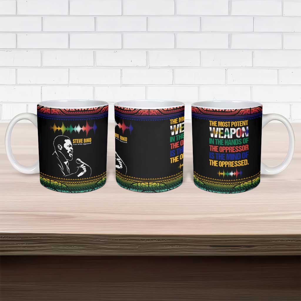 Steve Biko Ceramic Mug with Microphone Portrait, Black Consciousness Quote and Vibrant Ethnic Wave - Wonder Print Shop