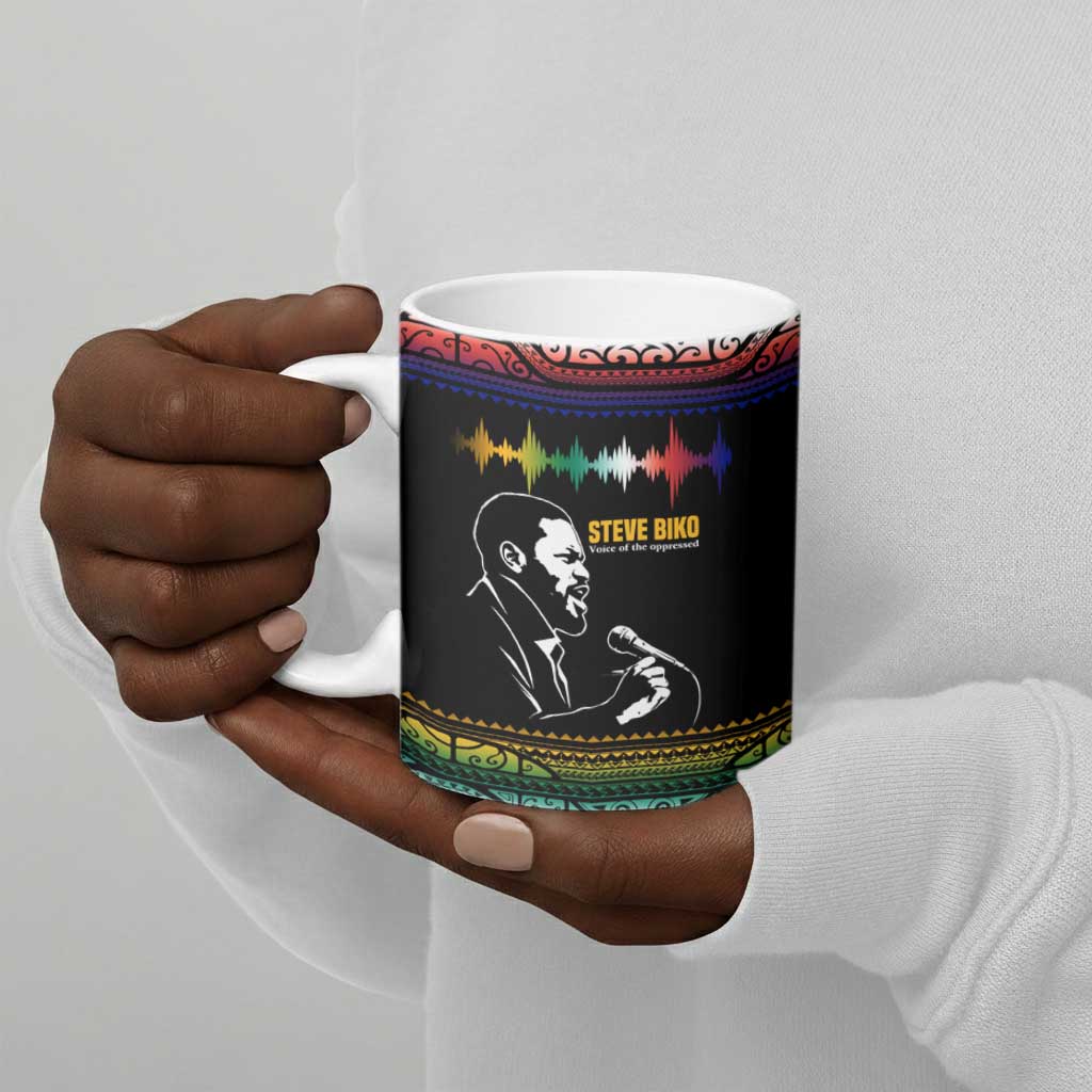 Steve Biko Ceramic Mug with Microphone Portrait, Black Consciousness Quote and Vibrant Ethnic Wave - Wonder Print Shop