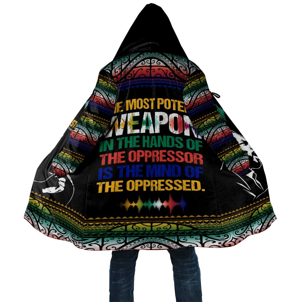 Steve Biko Cloak with Microphone Portrait, Black Consciousness Quote and Vibrant Ethnic Wave - Wonder Print Shop