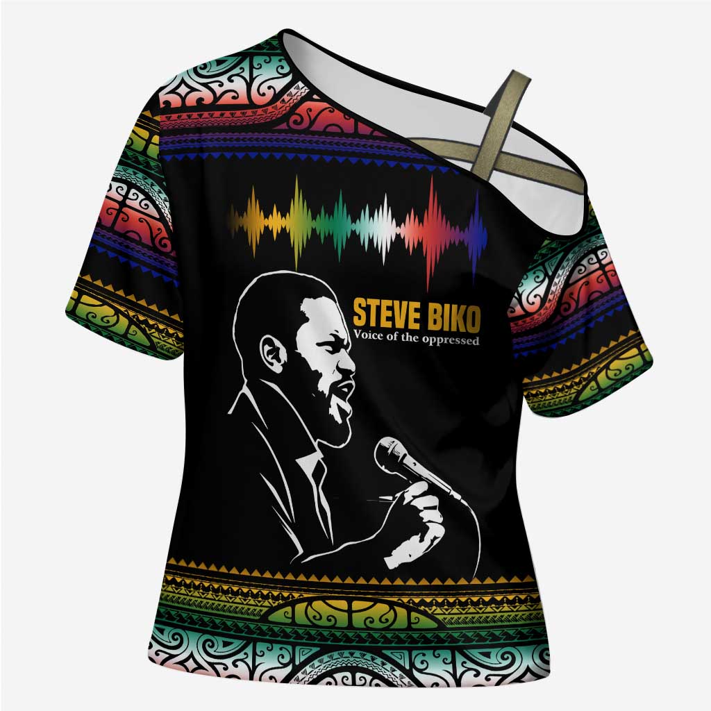 Steve Biko Cross Shoulder Shirt with Microphone Portrait, Black Consciousness Quote and Vibrant Ethnic Wave - Wonder Print Shop