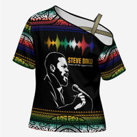 Steve Biko Cross Shoulder Shirt with Microphone Portrait, Black Consciousness Quote and Vibrant Ethnic Wave - Wonder Print Shop