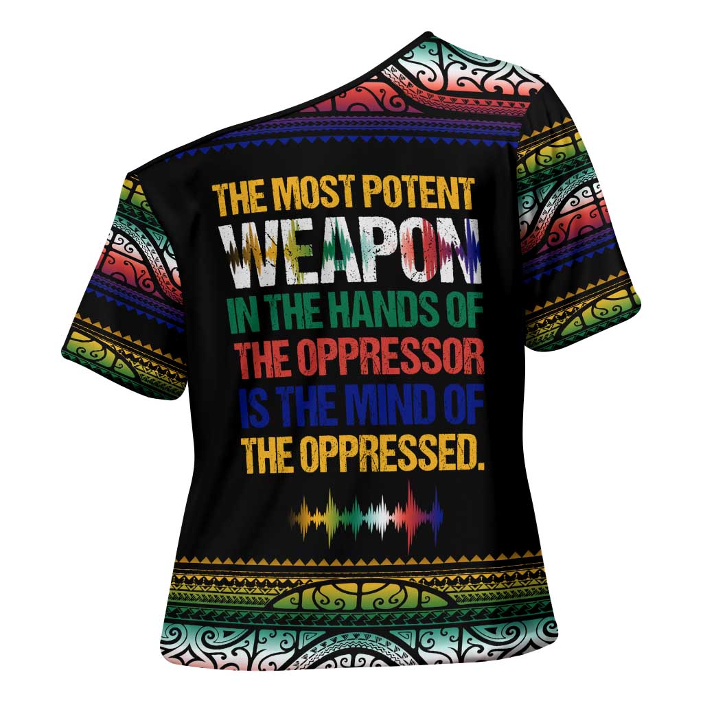 Steve Biko Cross Shoulder Shirt with Microphone Portrait, Black Consciousness Quote and Vibrant Ethnic Wave - Wonder Print Shop