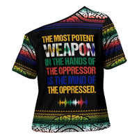 Steve Biko Cross Shoulder Shirt with Microphone Portrait, Black Consciousness Quote and Vibrant Ethnic Wave - Wonder Print Shop