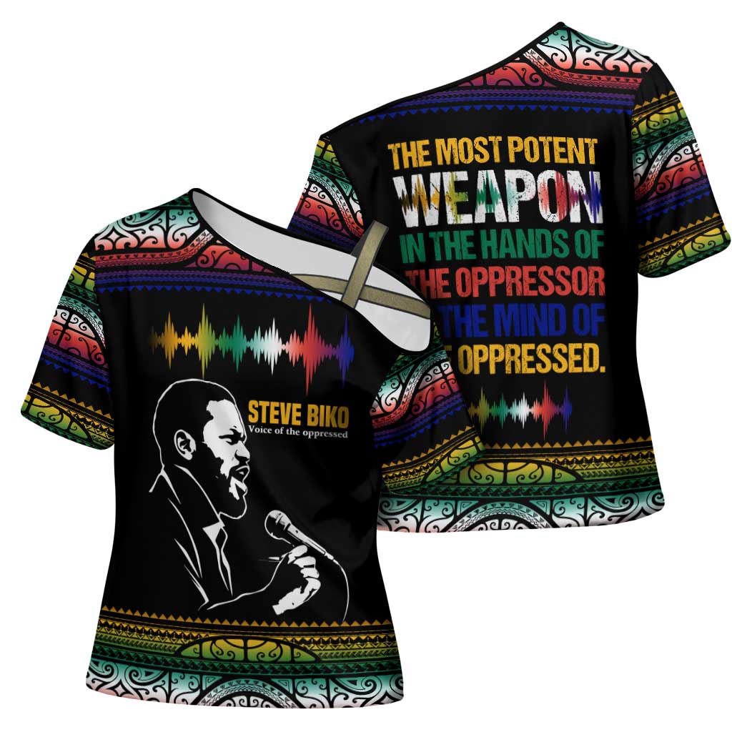 Steve Biko Cross Shoulder Shirt with Microphone Portrait, Black Consciousness Quote and Vibrant Ethnic Wave - Wonder Print Shop