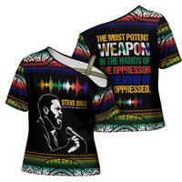 Steve Biko Cross Shoulder Shirt with Microphone Portrait, Black Consciousness Quote and Vibrant Ethnic Wave - Wonder Print Shop