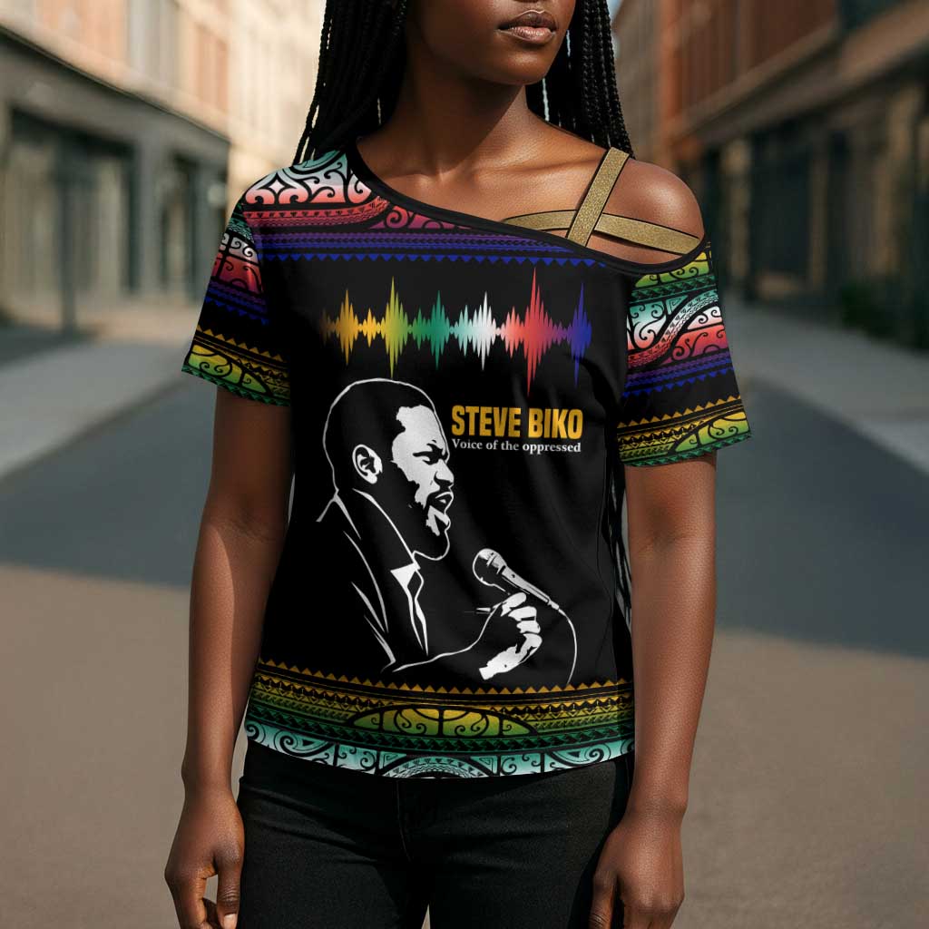 Steve Biko Cross Shoulder Shirt with Microphone Portrait, Black Consciousness Quote and Vibrant Ethnic Wave - Wonder Print Shop