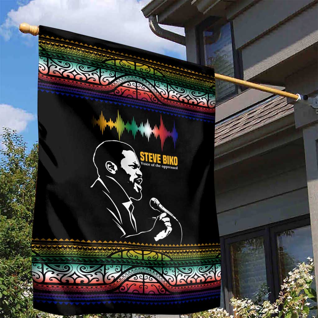 Steve Biko Garden Flag with Microphone Portrait, Black Consciousness Quote and Vibrant Ethnic Wave - Wonder Print Shop