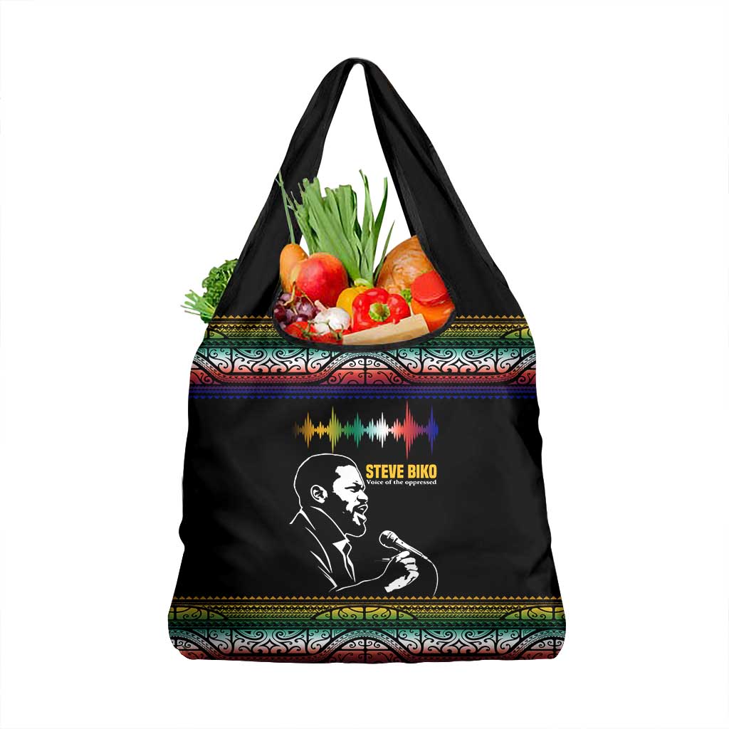 Steve Biko Grocery Bag with Microphone Portrait, Black Consciousness Quote and Vibrant Ethnic Wave - Wonder Print Shop