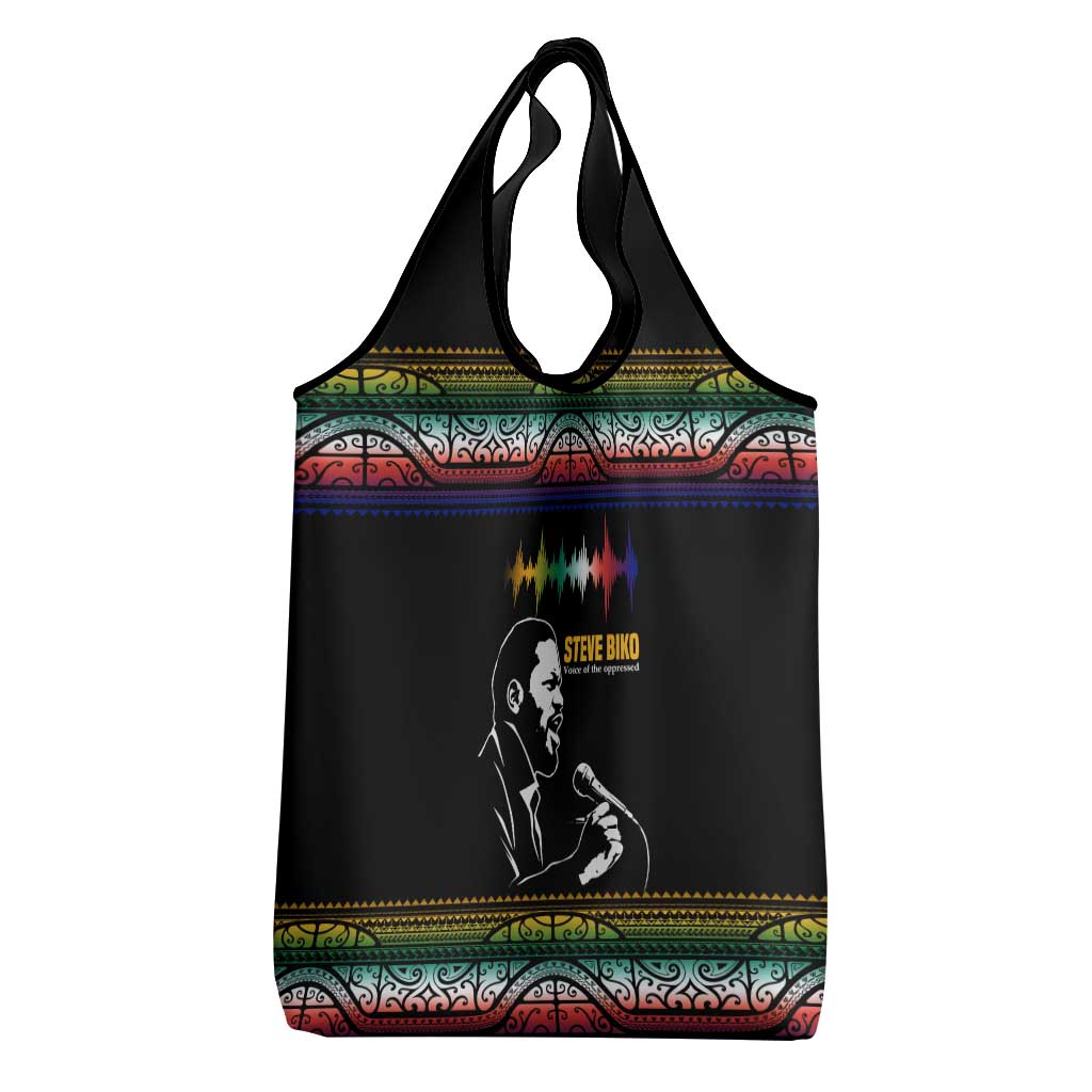 Steve Biko Grocery Bag with Microphone Portrait, Black Consciousness Quote and Vibrant Ethnic Wave - Wonder Print Shop