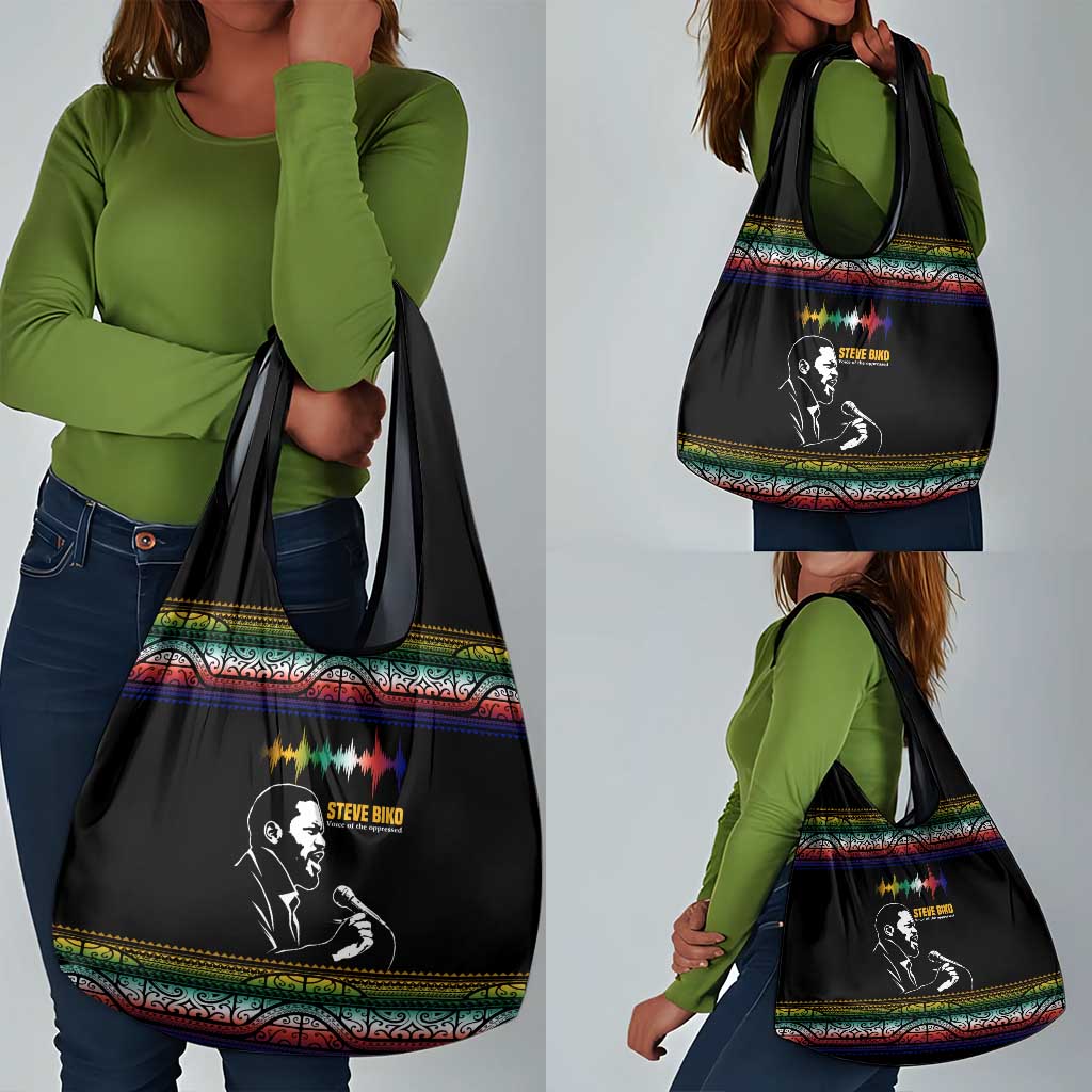 Steve Biko Grocery Bag with Microphone Portrait, Black Consciousness Quote and Vibrant Ethnic Wave - Wonder Print Shop