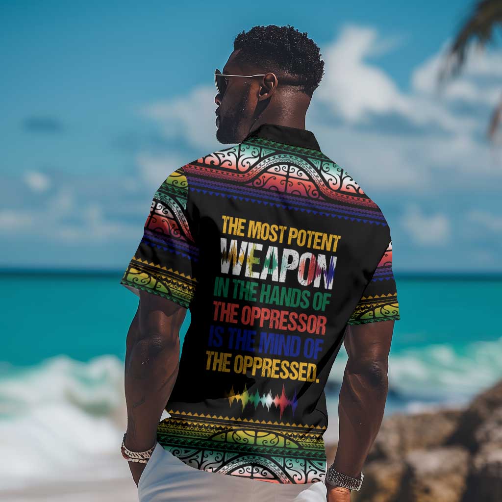 Steve Biko Hawaiian Shirt with Microphone Portrait, Black Consciousness Quote and Vibrant Ethnic Wave - Wonder Print Shop