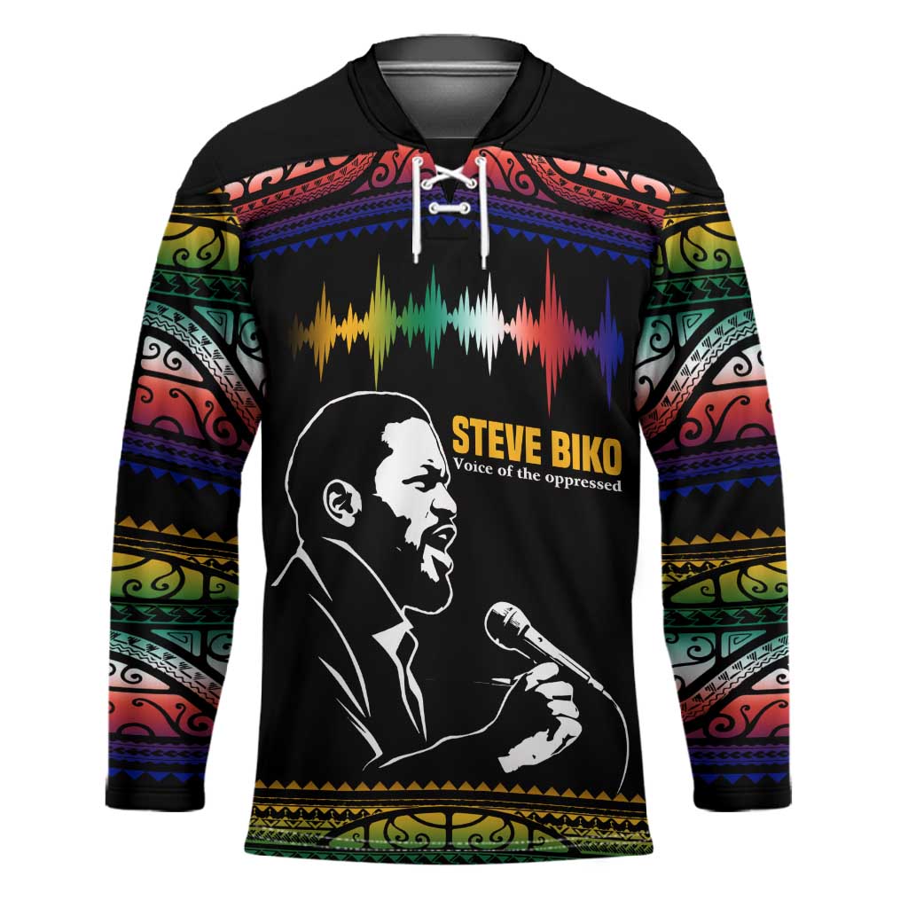 Steve Biko Hockey Jersey with Microphone Portrait, Black Consciousness Quote and Vibrant Ethnic Wave - Wonder Print Shop