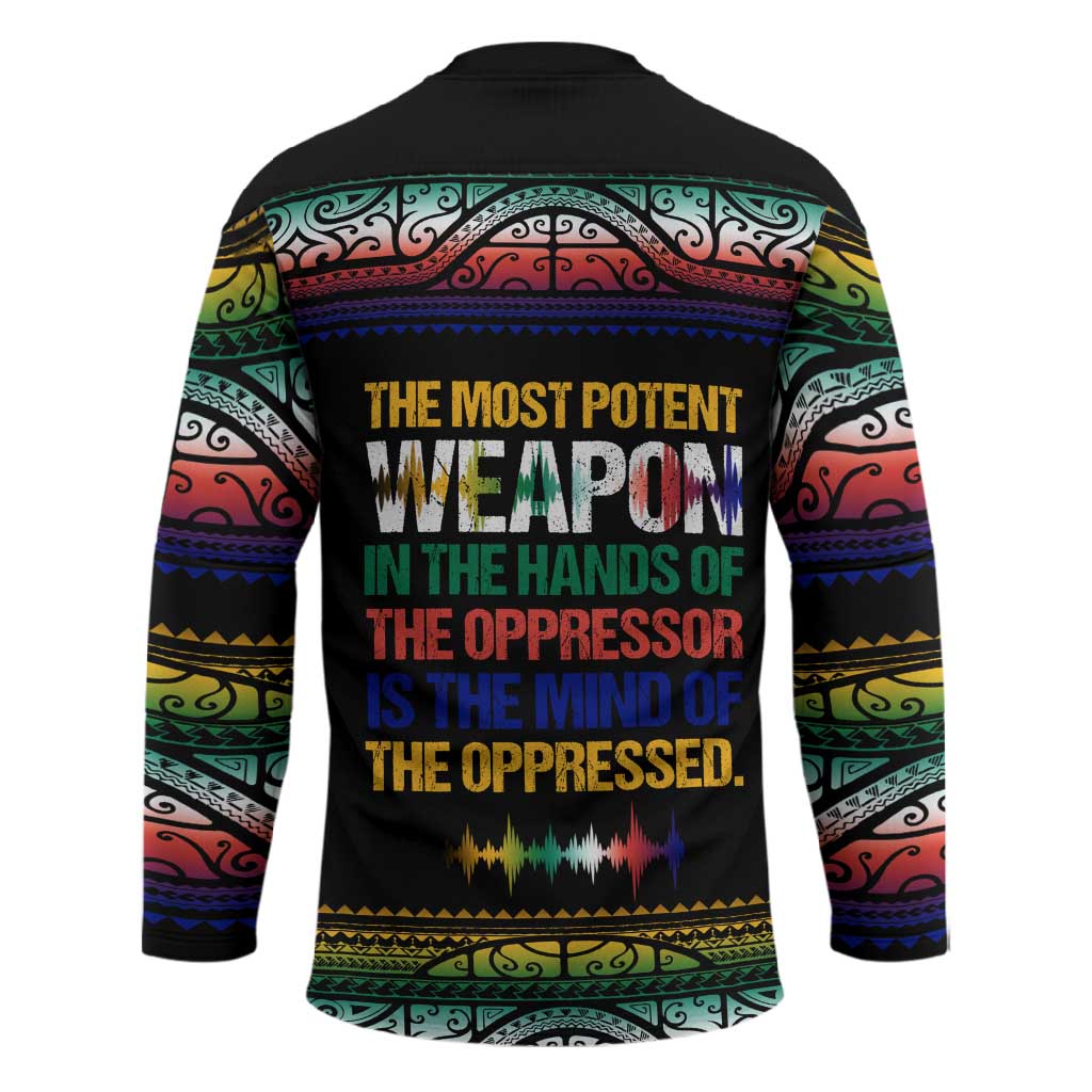 Steve Biko Hockey Jersey with Microphone Portrait, Black Consciousness Quote and Vibrant Ethnic Wave - Wonder Print Shop