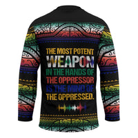 Steve Biko Hockey Jersey with Microphone Portrait, Black Consciousness Quote and Vibrant Ethnic Wave - Wonder Print Shop
