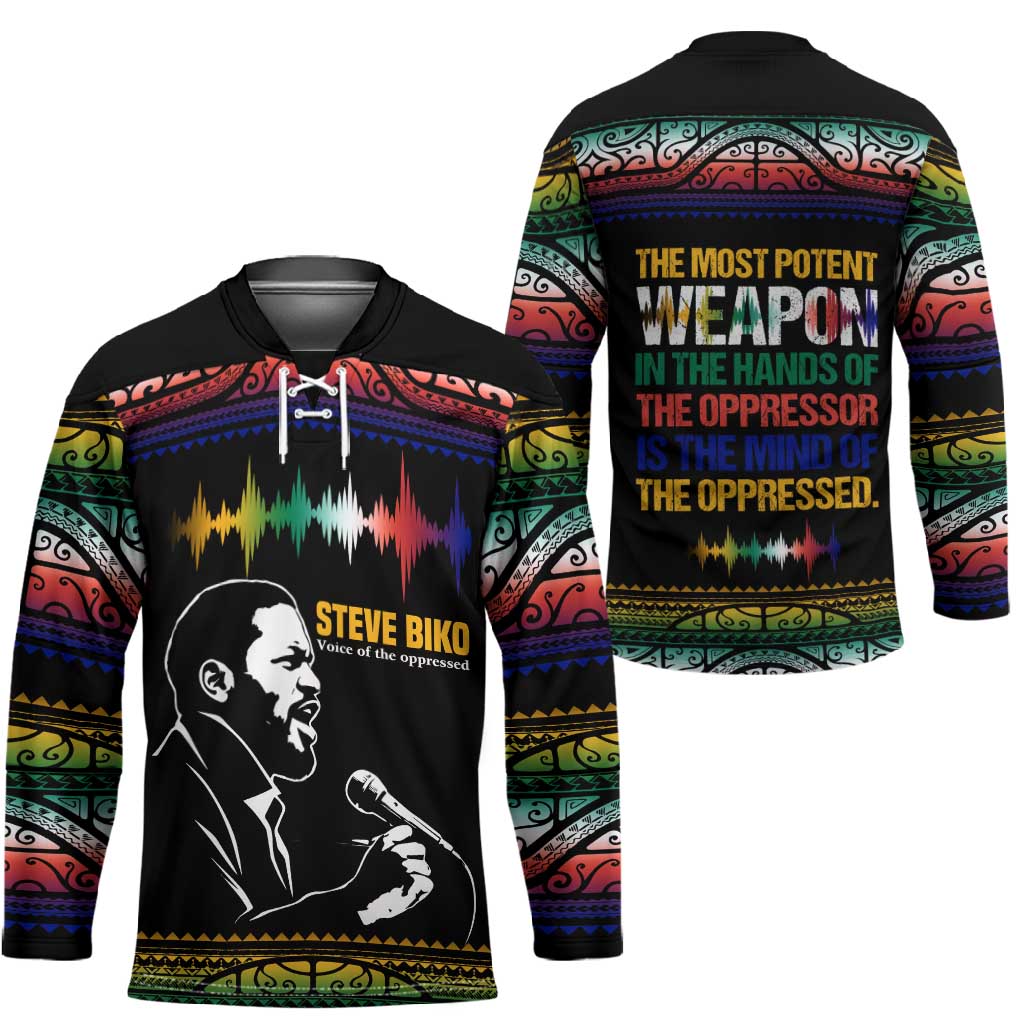Steve Biko Hockey Jersey with Microphone Portrait, Black Consciousness Quote and Vibrant Ethnic Wave - Wonder Print Shop