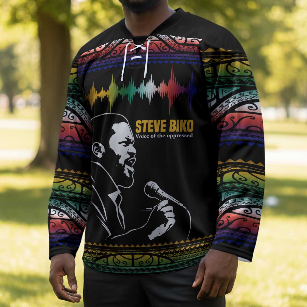 Steve Biko Hockey Jersey with Microphone Portrait, Black Consciousness Quote and Vibrant Ethnic Wave - Wonder Print Shop