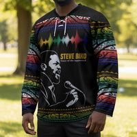 Steve Biko Hockey Jersey with Microphone Portrait, Black Consciousness Quote and Vibrant Ethnic Wave - Wonder Print Shop