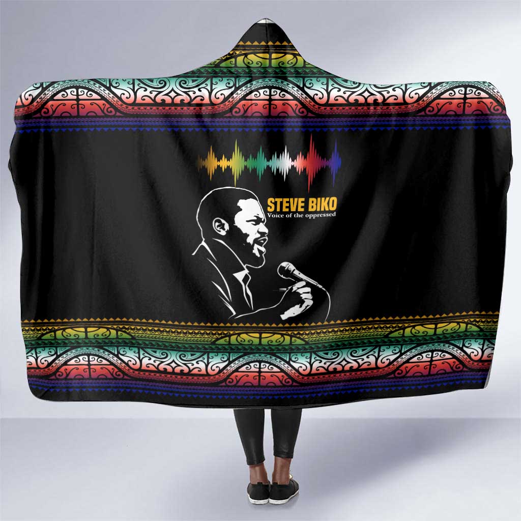 Steve Biko Hooded Blanket with Microphone Portrait, Black Consciousness Quote and Vibrant Ethnic Wave - Wonder Print Shop
