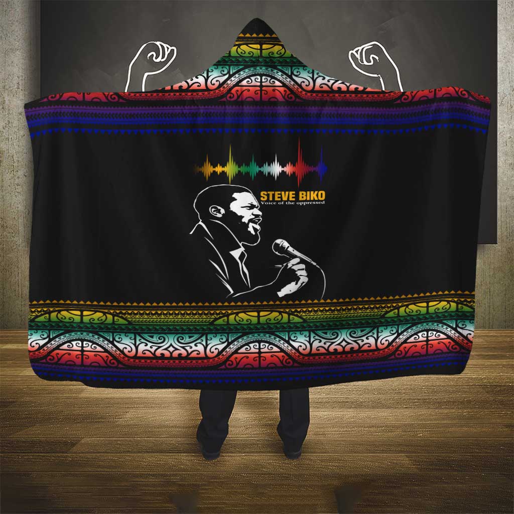 Steve Biko Hooded Blanket with Microphone Portrait, Black Consciousness Quote and Vibrant Ethnic Wave - Wonder Print Shop