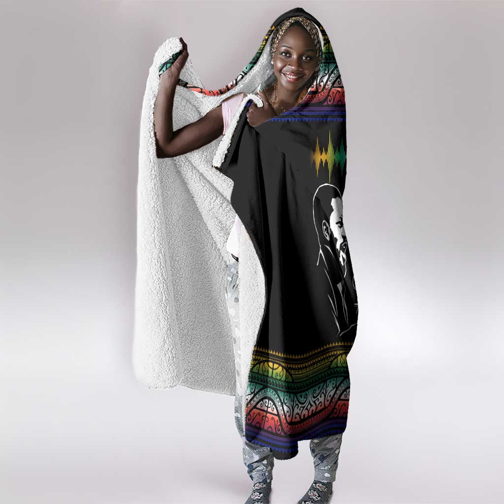 Steve Biko Hooded Blanket with Microphone Portrait, Black Consciousness Quote and Vibrant Ethnic Wave - Wonder Print Shop