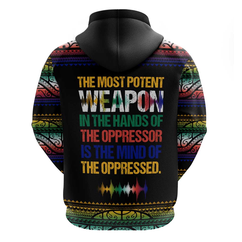Steve Biko Hoodie with Microphone Portrait, Black Consciousness Quote and Vibrant Ethnic Wave - Wonder Print Shop