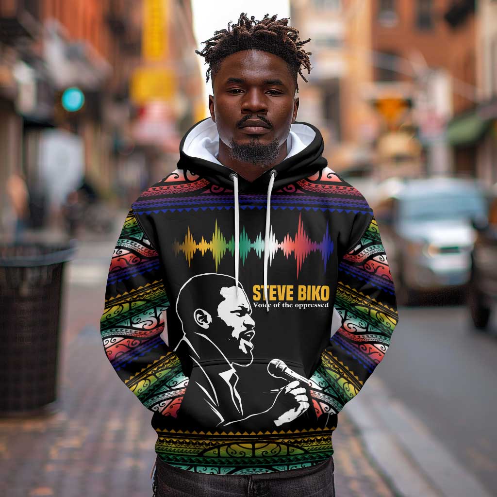 Steve Biko Hoodie with Microphone Portrait, Black Consciousness Quote and Vibrant Ethnic Wave - Wonder Print Shop