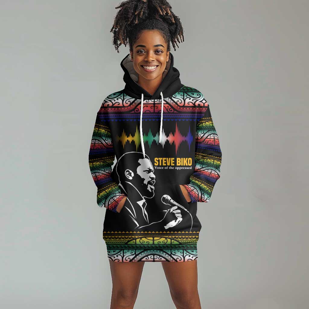 Steve Biko Hoodie Dress with Microphone Portrait, Black Consciousness Quote and Vibrant Ethnic Wave - Wonder Print Shop