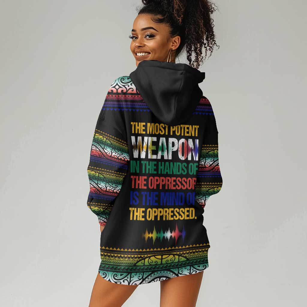 Steve Biko Hoodie Dress with Microphone Portrait, Black Consciousness Quote and Vibrant Ethnic Wave - Wonder Print Shop