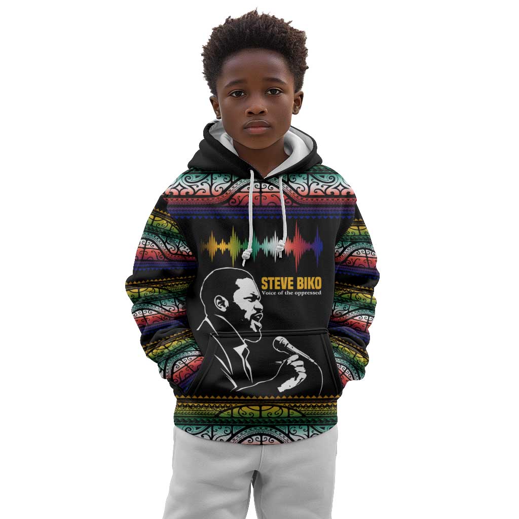 Steve Biko Kid Hoodie with Microphone Portrait, Black Consciousness Quote and Vibrant Ethnic Wave - Wonder Print Shop
