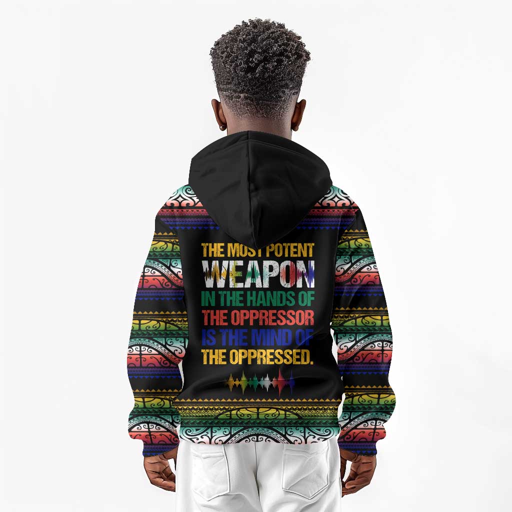 Steve Biko Kid Hoodie with Microphone Portrait, Black Consciousness Quote and Vibrant Ethnic Wave - Wonder Print Shop