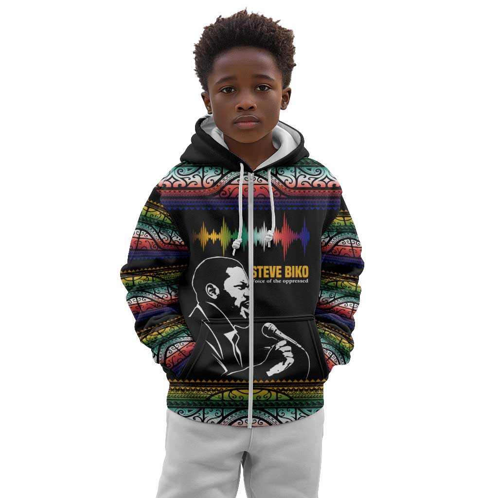 Steve Biko Kid Hoodie with Microphone Portrait, Black Consciousness Quote and Vibrant Ethnic Wave - Wonder Print Shop