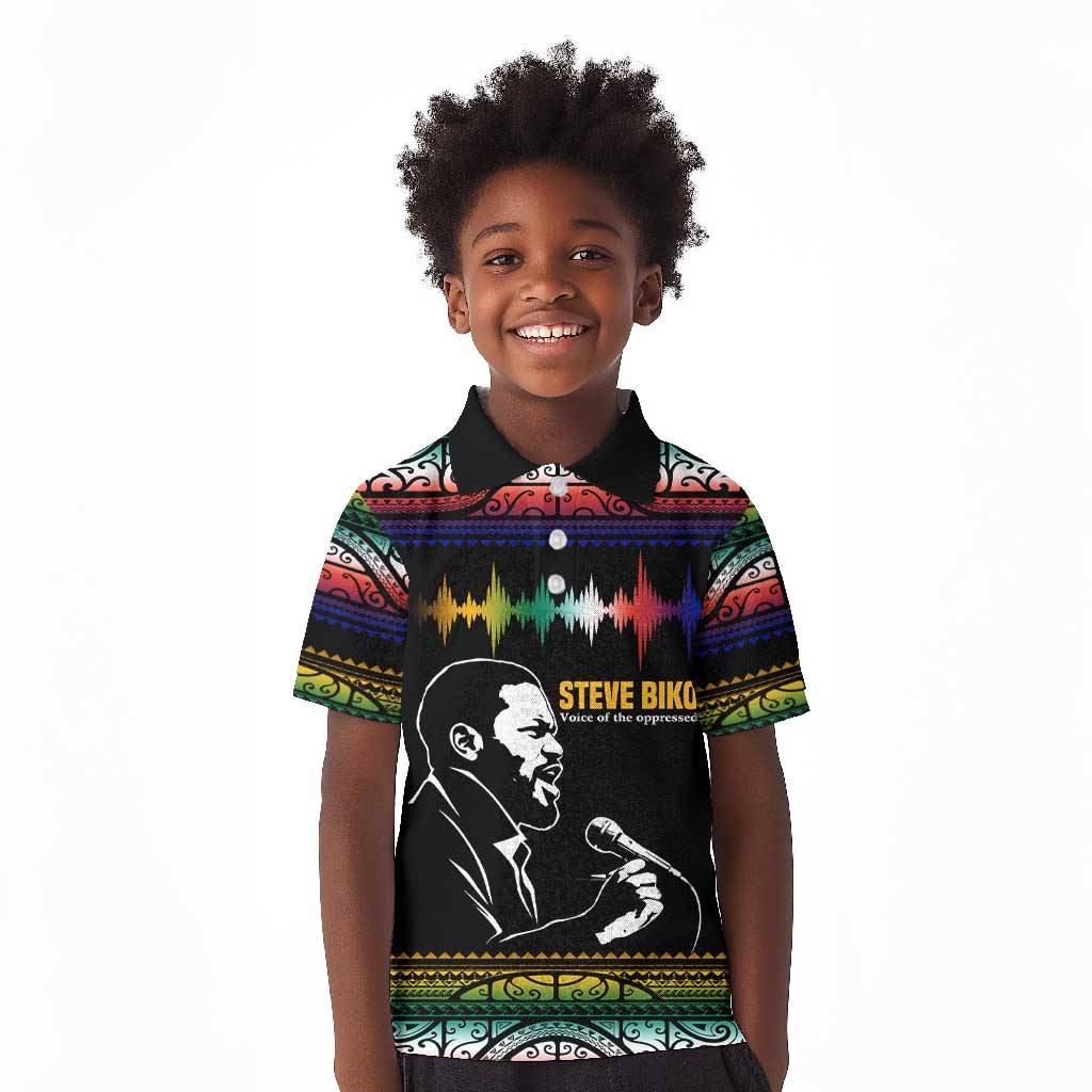 Steve Biko Kid Polo Shirt with Microphone Portrait, Black Consciousness Quote and Vibrant Ethnic Wave - Wonder Print Shop