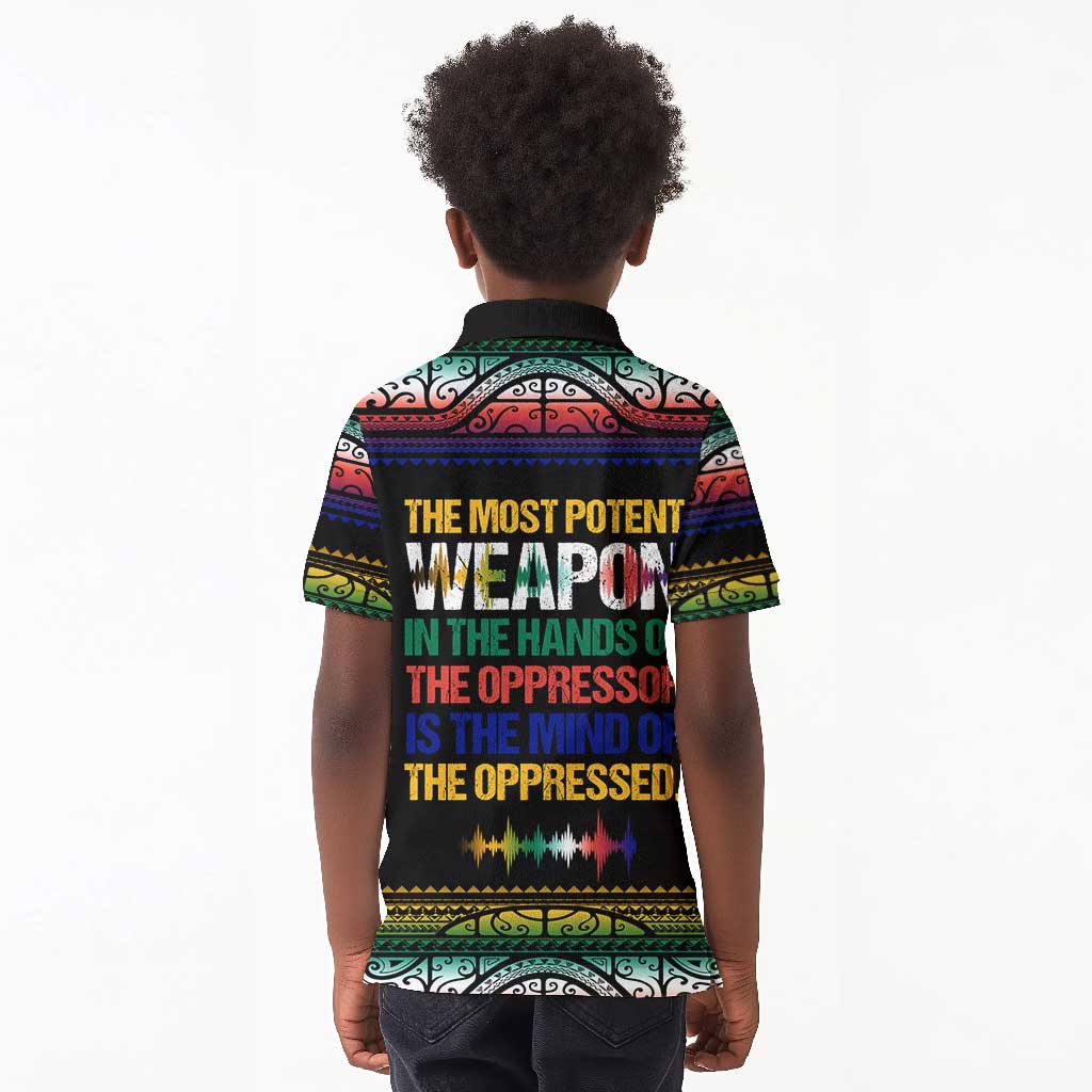 Steve Biko Kid Polo Shirt with Microphone Portrait, Black Consciousness Quote and Vibrant Ethnic Wave - Wonder Print Shop