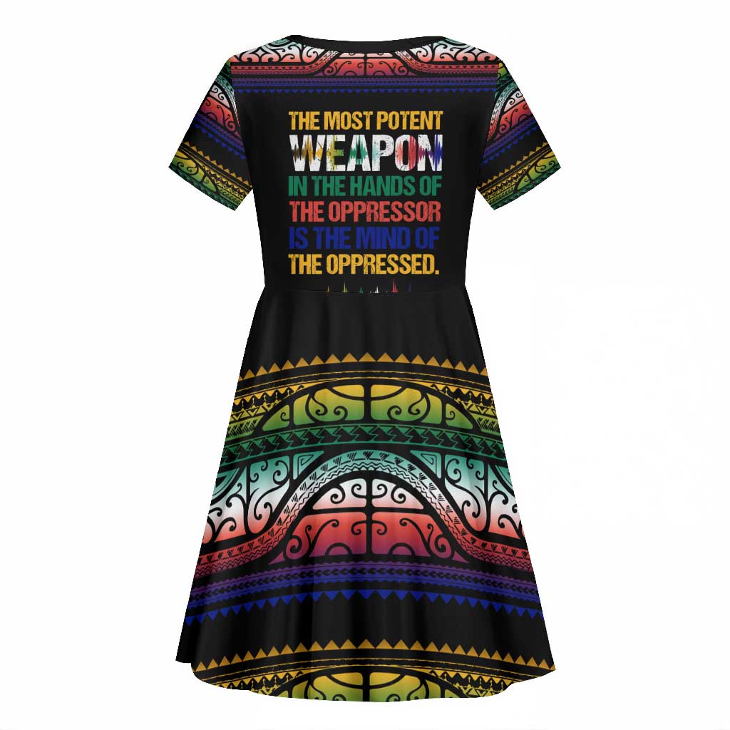 Steve Biko Kid Short Sleeve Dress with Microphone Portrait, Black Consciousness Quote and Vibrant Ethnic Wave - Wonder Print Shop