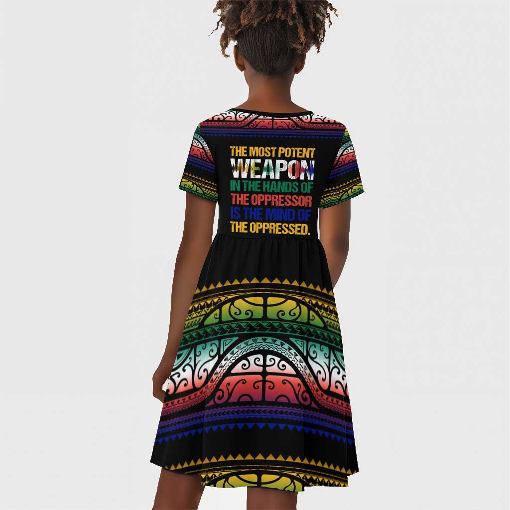Steve Biko Kid Short Sleeve Dress with Microphone Portrait, Black Consciousness Quote and Vibrant Ethnic Wave - Wonder Print Shop