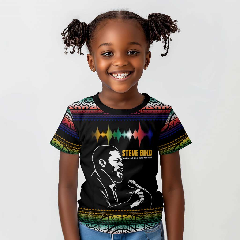 Steve Biko Kid T shirt with Microphone Portrait, Black Consciousness Quote and Vibrant Ethnic Wave - Wonder Print Shop