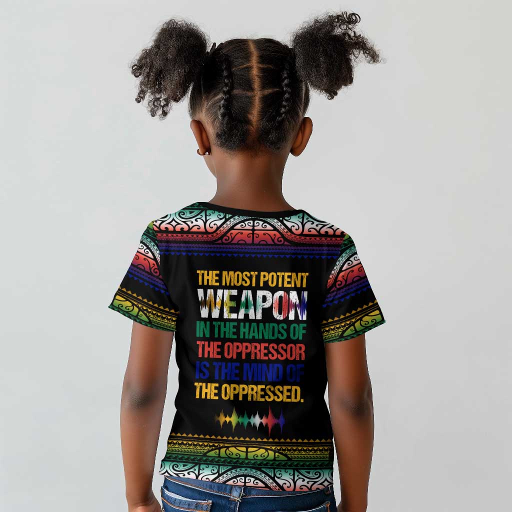 Steve Biko Kid T shirt with Microphone Portrait, Black Consciousness Quote and Vibrant Ethnic Wave - Wonder Print Shop