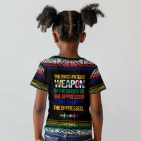 Steve Biko Kid T shirt with Microphone Portrait, Black Consciousness Quote and Vibrant Ethnic Wave - Wonder Print Shop