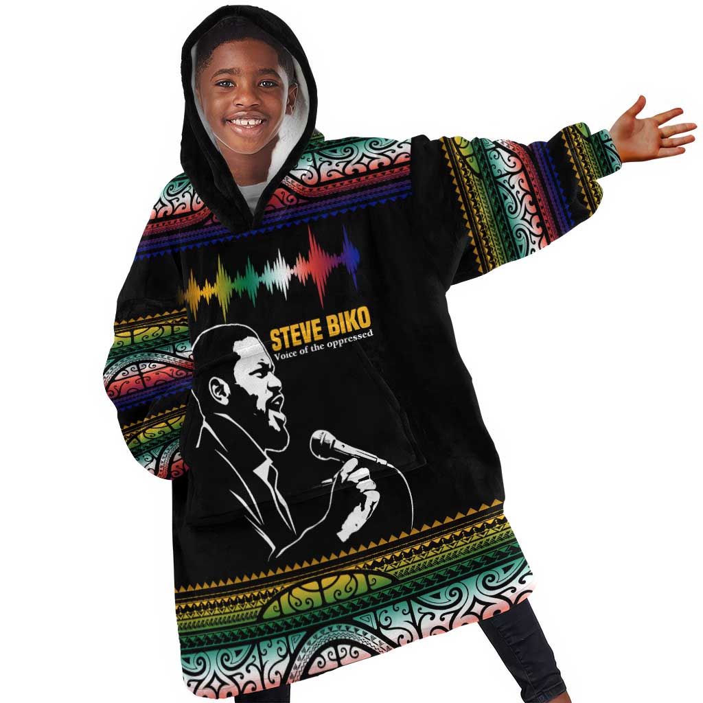 Steve Biko Kid Wearable Blanket Hoodie with Microphone Portrait, Black Consciousness Quote and Vibrant Ethnic Wave - Wonder Print Shop