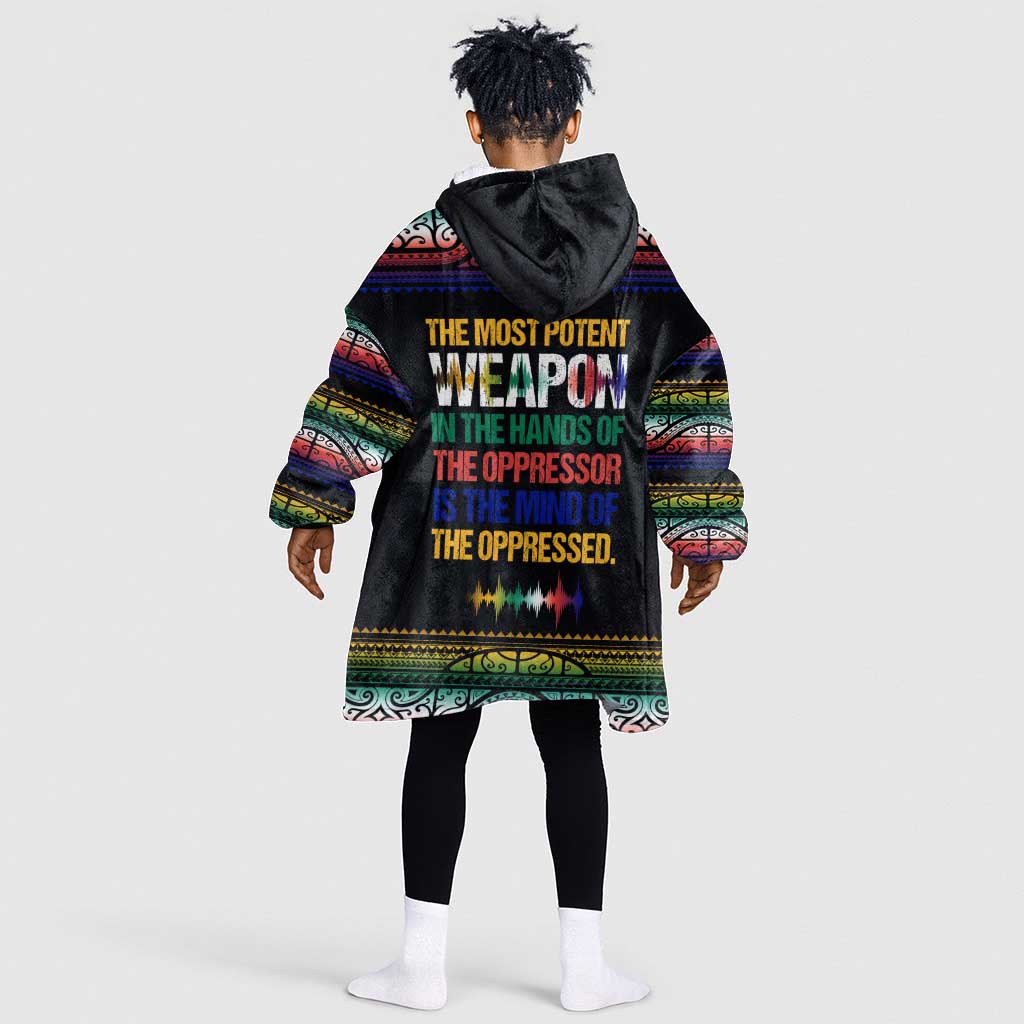 Steve Biko Kid Wearable Blanket Hoodie with Microphone Portrait, Black Consciousness Quote and Vibrant Ethnic Wave - Wonder Print Shop