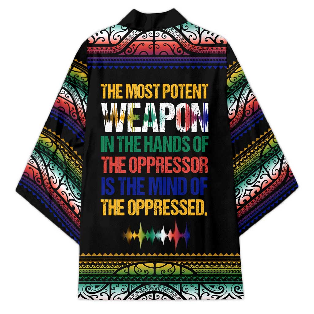 Steve Biko Kimono with Microphone Portrait, Black Consciousness Quote and Vibrant Ethnic Wave - Wonder Print Shop