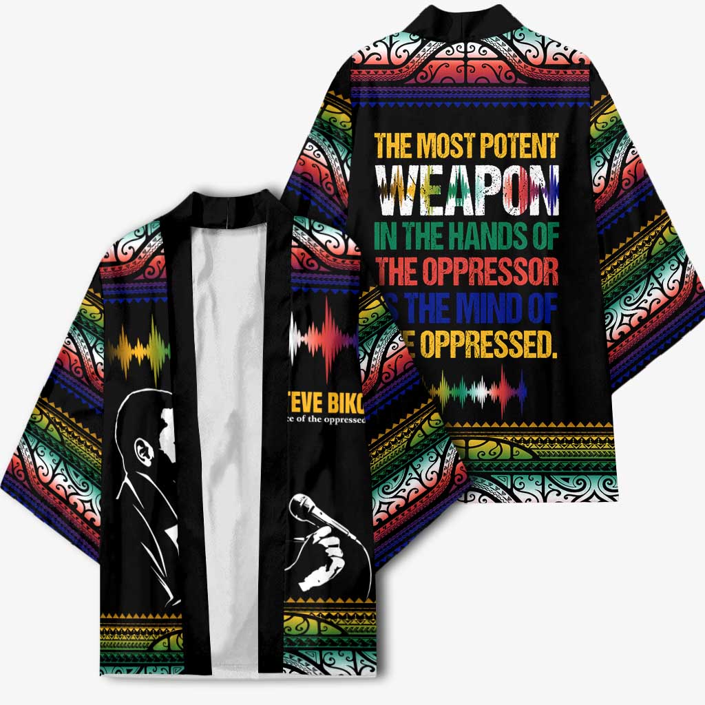 Steve Biko Kimono with Microphone Portrait, Black Consciousness Quote and Vibrant Ethnic Wave - Wonder Print Shop
