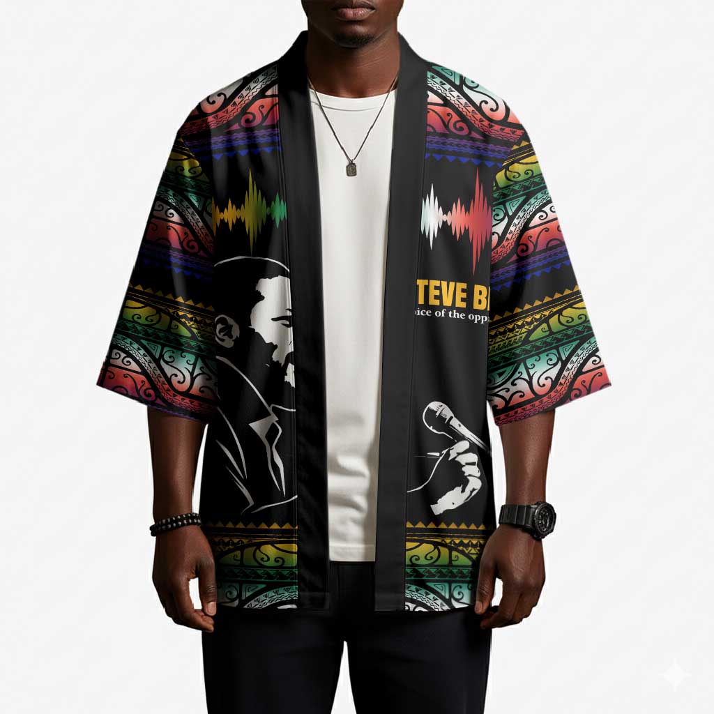 Steve Biko Kimono with Microphone Portrait, Black Consciousness Quote and Vibrant Ethnic Wave - Wonder Print Shop