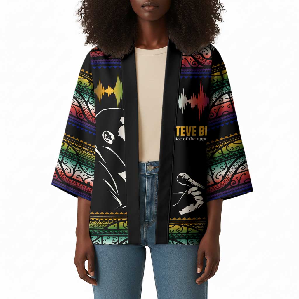 Steve Biko Kimono with Microphone Portrait, Black Consciousness Quote and Vibrant Ethnic Wave - Wonder Print Shop